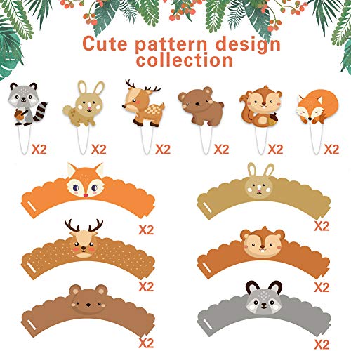 SUNBEAUTY - Juego de 12 decoraciones para tartas de animales del bosque, envoltorios para tartas, zorro, selva, decoración de tartas de cumpleaños, decoración de tartas de fiesta