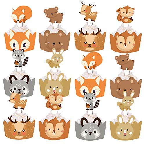 SUNBEAUTY - Juego de 12 decoraciones para tartas de animales del bosque, envoltorios para tartas, zorro, selva, decoración de tartas de cumpleaños, decoración de tartas de fiesta