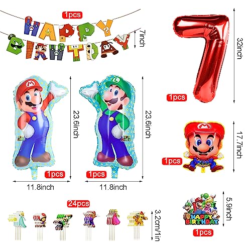 Super Mario Globos de Cumpleaños 7 Años, 52Pcs Decoracion Cumpleaños Mario Bros,Decoración Cumpleaños 7 Años Niños, Pancarta Feliz Cumpleaños y Cake Topper,para Fiesta Cumpleaños Infantil