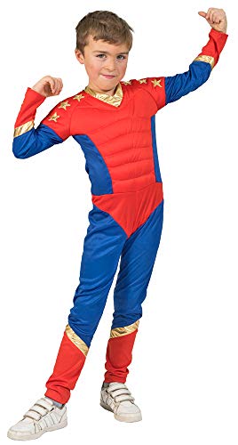 Superboy Disfraz de superhéroe para niños – gran mono para niños para fiestas temáticas, teatro, carnaval, Rojo Azul Dorado, 140 cm