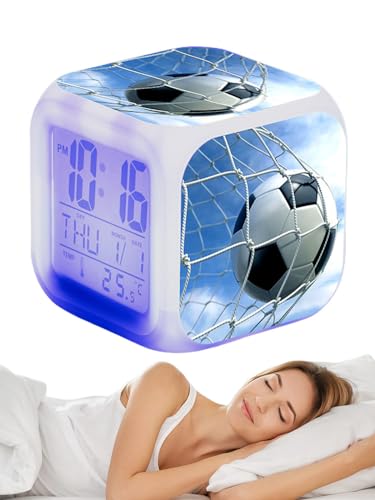 Suphyee LED Colorful Multifunctional Football Alarm Clock | Football Sport Design Creative Desk Table Clock,Kids Alarm Clock Soccer with LED Display to Display Time,Week,Month,Temperature