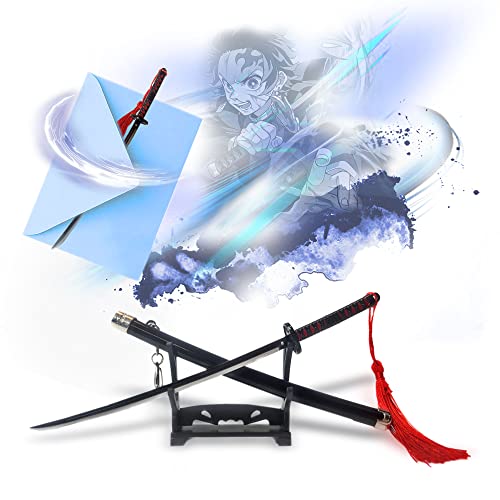 Swords and more Demon Slayer - Tanjiro Kamodas Samurai Katana Abrecartas Espada con funda y soporte Espada Miniatura de Kimetsu No Yaiba Llavero Anime Regalo para fans y coleccionistas