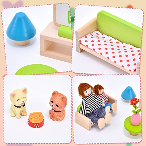 Tacobear Casa de Muñecas Juego de 8 Muñecas Familiares Figuras Juguetes con Sala de Estar Muebles Casa de Muñecas de Madera y 2 Perros Accesorios para Casa de Muñecas Regalo para Niños Niñas