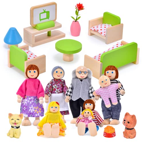 Tacobear Casa de Muñecas Juego de 8 Muñecas Familiares Figuras Juguetes con Sala de Estar Muebles Casa de Muñecas de Madera y 2 Perros Accesorios para Casa de Muñecas Regalo para Niños Niñas