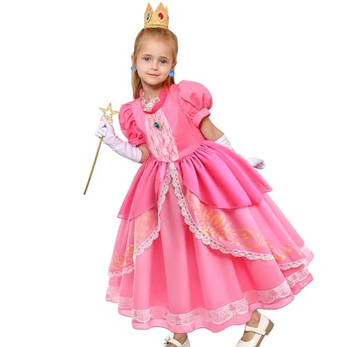 Tacobear Disfraz Princesa Peach Niña con Corona Varita Mágica Guantes Pendientes Super Bros Princesa Peach Rosa Vestido Carnevale Halloween Peach Disfraz para Niñas (S(3-4 años))