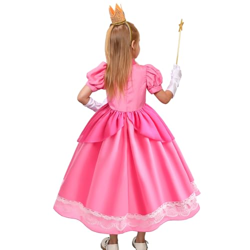 Tacobear Disfraz Princesa Peach Niña con Corona Varita Mágica Guantes Pendientes Super Bros Princesa Peach Rosa Vestido Carnevale Halloween Peach Disfraz para Niñas (S(3-4 años))