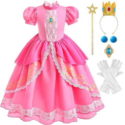 Tacobear Disfraz Princesa Peach Niña con Corona Varita Mágica Guantes Pendientes Super Bros Princesa Peach Rosa Vestido Carnevale Halloween Peach Disfraz para Niñas (S(3-4 años))