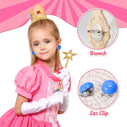 Tacobear Disfraz Princesa Peach Niña con Corona Varita Mágica Guantes Pendientes Super Bros Princesa Peach Rosa Vestido Carnevale Halloween Peach Disfraz para Niñas (S(3-4 años))