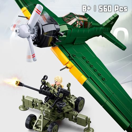 Tarcury Ladrillo de Batalla WW2 A6M Avión de Combate - 560 PCS Juguetes del Ejército de Bloques de Construcción con 2 Soldados de Juguete y Cañón Anti-Aéreo - Ideal para Niños y Adultos