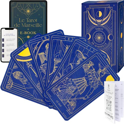 Tarot de Marsella + folleto y Libro electrónico de 196 páginas Tarot adivinatorio en francés Principiante | Juego Tradicional de 78 Cartas | Videncia, Adivinación y Guidance