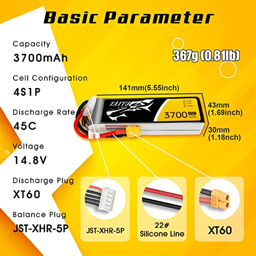 Tattu Batería LiPo 3700mAh 14,8V 45C 4S para Multicopteros FPV Racing Helicópteros Barcos y modelos RC diversos , color/modelo surtido