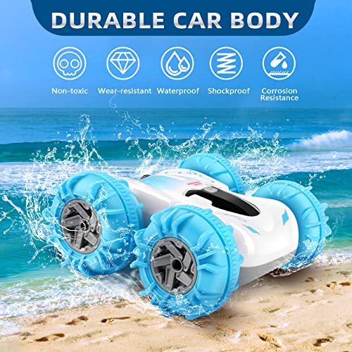 Tecnock Coches de control remoto anfibios, coche de acrobacias RC impermeable de 2.4 GHz con 2 baterías recargables para 40 minutos de juego, 4WD Off Road Pool Toys Barco de control remoto, regalos