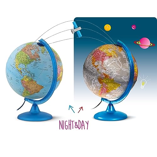 Tecnodidattica - Night&Day Globo Terráqueo para Niños y Jóvenes | Doble Función Cartografía Política y Constelaciones | Luminoso y Giratorio | Meridiano Graduado | Textos en Español | Diámetro de 25cm