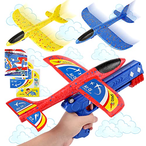 Teklemon Avion Juguete - 3 Piezas Avión Planeador con Lanzador, Planeador de Juguete Catapulta Planeador Lanzador Avión Espuma Deportes al Aire Libre Volar Juguete para Niños de 3 4 5 6 7 8 9 10 Años