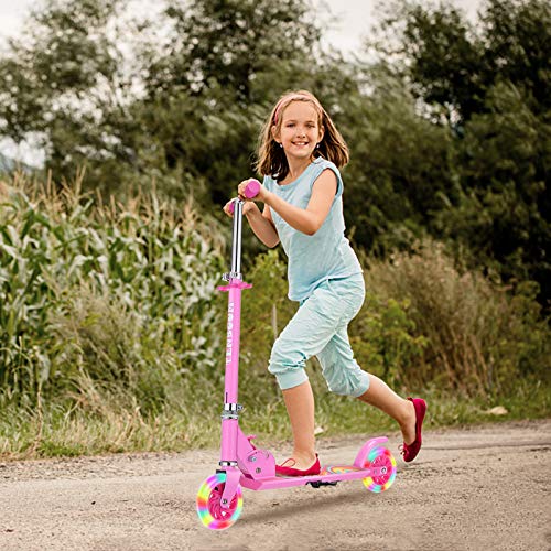 TENBOOM Patinete Niña 2 Ruedas Luces, Scooter Infantil Plegable de Altura Ajustable, Patinete clásico Ligero con Frenado Trasero, Regalo para Niños de 3-10 años Navidad Cumpleaños, Rosa