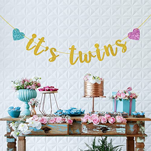 Tenhaisi Golden It's Twins Banner, Welcome Baby Boy Girl Banner para baby shower – Brillante Género Reveal Decoración colgante de fiesta – Gemelos decoración para fiesta de primer cumpleaños