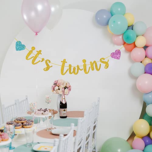 Tenhaisi Golden It's Twins Banner, Welcome Baby Boy Girl Banner para baby shower – Brillante Género Reveal Decoración colgante de fiesta – Gemelos decoración para fiesta de primer cumpleaños