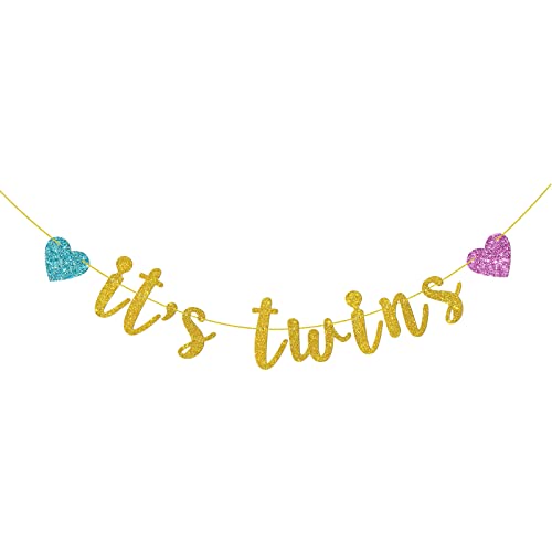 Tenhaisi Golden It's Twins Banner, Welcome Baby Boy Girl Banner para baby shower – Brillante Género Reveal Decoración colgante de fiesta – Gemelos decoración para fiesta de primer cumpleaños