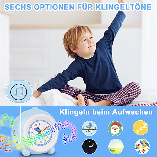 TENOCK Despertador analógico para niños,Reloj Despertador con luz de melocotón para niños,Despertador Infantil sin tictac,luz y Cambio de música,Adecuado para decoración de habitación Infantil (Azul)