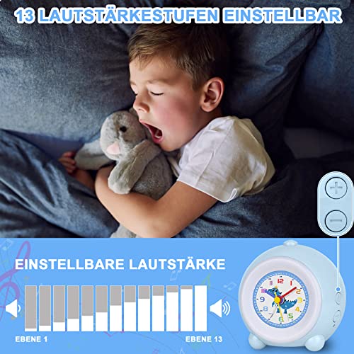 TENOCK Despertador analógico para niños,Reloj Despertador con luz de melocotón para niños,Despertador Infantil sin tictac,luz y Cambio de música,Adecuado para decoración de habitación Infantil (Azul)