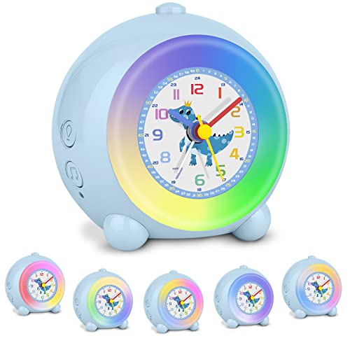 TENOCK Despertador analógico para niños,Reloj Despertador con luz de melocotón para niños,Despertador Infantil sin tictac,luz y Cambio de música,Adecuado para decoración de habitación Infantil (Azul)