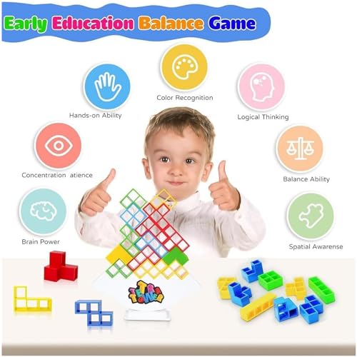 Tetra Tower Tetris Balance Blocks, Stack Attack Team Game Adultos Juego de Mesa Apilamiento Equilibrio Construcción Creativo Educativos Juguetes de Montessori Regalo para Niños 5+ Años（48 piezas）