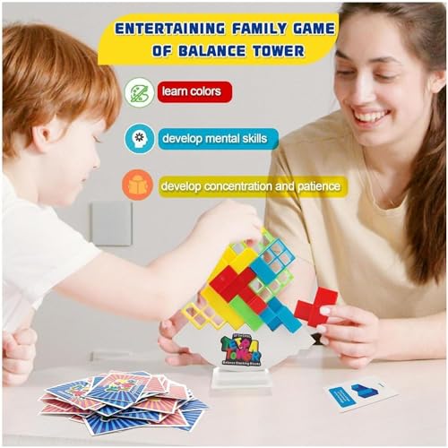 Tetra Tower Tetris Balance Blocks, Stack Attack Team Game Adultos Juego de Mesa Apilamiento Equilibrio Construcción Creativo Educativos Juguetes de Montessori Regalo para Niños 5+ Años（48 piezas）