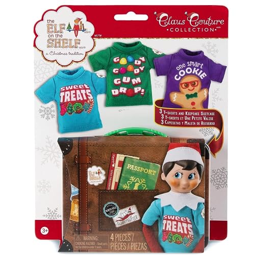 The Elf on the Shelf Sweet Treats Tees Claus Couture - Juego de Ropa para tu Elfo Explorador, los Accesorios Incluyen una Maleta de Lata Coleccionable con un trío de Camisetas de tamaño Elfo