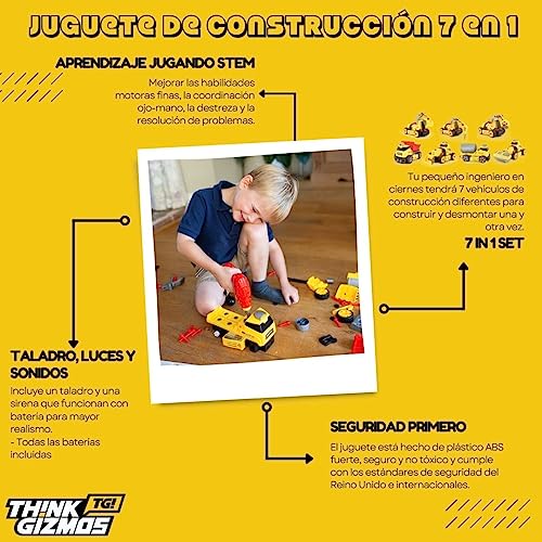 ThinkGizmos TG903 - Set de Juegos de construcción para Montar 7 en 1 para niños y niñas, vehículos de astillero con luz y Sonido, 7 Modelos de Juguete para niños y niñas