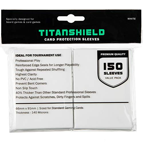 TitanShield 150 fundas, color blanco compatible con juegos de mesa de tamaño estándar, MTG Magic The Gathering, Pokemon, Lorcana y fundas protectoras de cartas coleccionables 2.5 x 3.5 pulgadas, 66 x