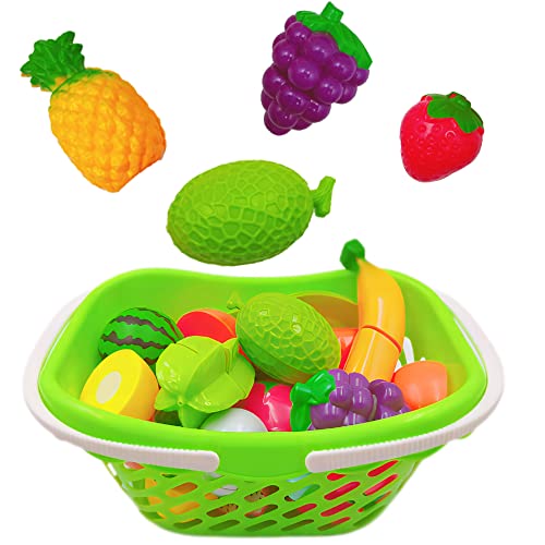 TLHWIN 21 Piezas Cortar Juegos de Frutas y Verduras de Juguete, cestas de Compras, imitar la Cocina, mesas, Platos y Cuchillos de plástico, Educación Preescolar Infantil, Regalos de cumpleaños.