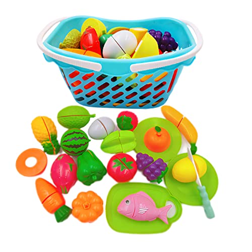 TLHWIN 21 Piezas Cortar Juegos de Frutas y Verduras de Juguete, cestas de Compras, imitar la Cocina, mesas, Platos y Cuchillos de plástico, Educación Preescolar Infantil, Regalos de cumpleaños.