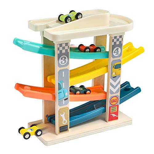 TOP BRIGHT Juguete de Carrera de Coches para Niños Pequeños, Juego de Juguetes de Rampa de Camiones Conjuntos de Vehículos con 4 Coches de Madera, 4 Rampas de Coche