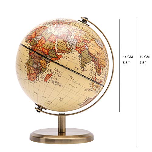 TOPGLOBE 14cm Globo Antiguo - Mapa en Inglés - Decoración de Escritorio Educativa/Geográfica - Globo Terráqueo Con una Base de Metal - Mapa Moderno Con Color Antiguo