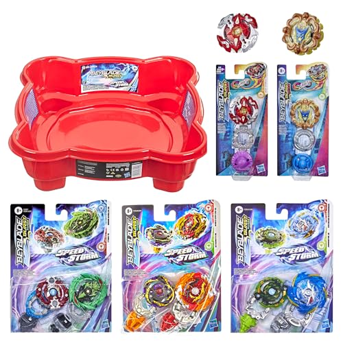 Toptoys2u Bargain Bundles Bey-Blade Burst Surge Speed Storm Bundle – Beystadium rojo, 3 x Twin Pack Speed Storm Bey-blades y 2 x Single Burst Rise Hyper Sphere Bey-blades