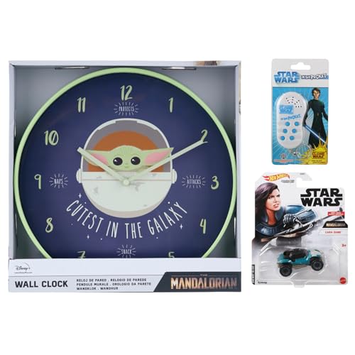 Toptoys2u Bargain Bundles Reloj de pared de Star Wars The Child, llavero de voz de Clone Wars y coche Cara Dune de Hot Wheels