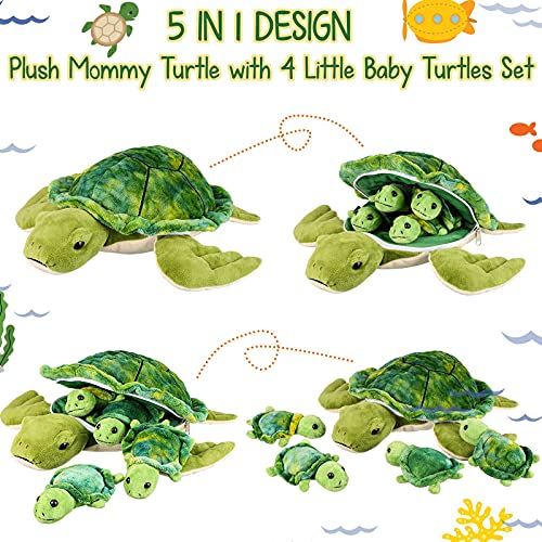 Tortuga de Peluche de 12 Pulgadas con 4 Tortugas Mini de Peluche Pequeñas Tortuga Marina de Peluche Suave Juguete Animal de Peluche Almohadón Pequeño de Abrazar de Tortuga para Cumpleaños