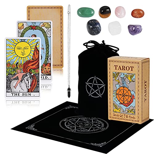 Touchfutrue Juego de cartas de tarot con libro guía, cartas de tarot y libro para principiantes, juego de 78 cartas clásicas de tarot con tela de tarot, bolsillo para tarjetas, gemas, cadena de