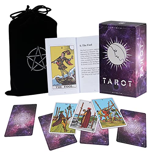 Touchfutrue Juego de cartas de tarot con libro guía, cartas de tarot y libro para principiantes, juego de 78 cartas clásicas de tarot con tela de tarot, bolsillo para tarjetas, gemas, cadena de