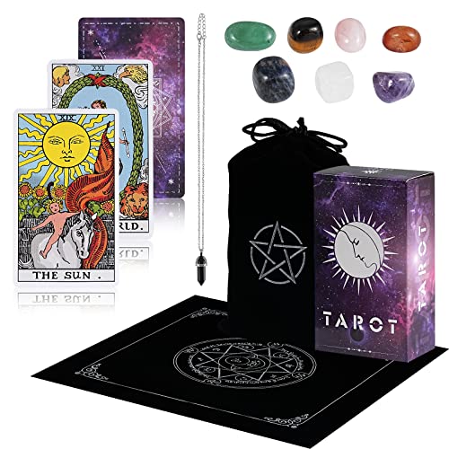 Touchfutrue Juego de cartas de tarot con libro guía, cartas de tarot y libro para principiantes, juego de 78 cartas clásicas de tarot con tela de tarot, bolsillo para tarjetas, gemas, cadena de