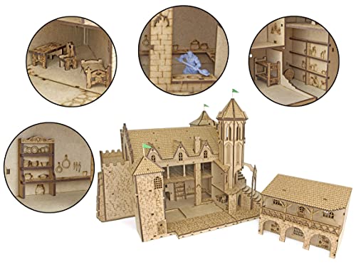 TowerRex The King's Castle D&D Miniatures - Terreno de fantasía de madera con corte láser, escala de 28 mm para mazmorras y dragones Pathfinder Otros juegos de rol de mesa