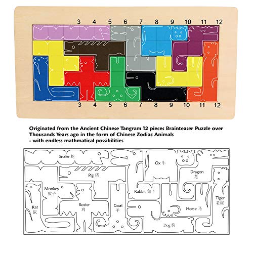 TOWO Rompecabezas de Madera Pentominoes Tangram Juegos de Mente para niños Adultos - Juego de Mesa Familiar de Juguetes de Madera Durante 6 años - Smart Math Games Brainteaser Puzzle IQ