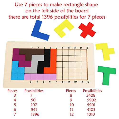 TOWO Rompecabezas de Madera Pentominoes Tangram Juegos de Mente para niños Adultos - Juego de Mesa Familiar de Juguetes de Madera Durante 6 años - Smart Math Games Brainteaser Puzzle IQ