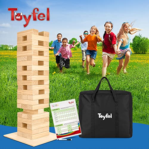 Toyfel Riski Torre de Bambolero XXL 70 cm – Torre de Apilamiento de Madera FSC® 54 Módulos con Bolsa de Transporte, Placa de Base y Tablero de Puntos – Juego para Toda la Familia