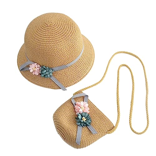 Toyvian 1 Juego De Bolso De Viaje Bolso De Playa Tejido Conjuntos De Monedero Bolso De Hombro Al Aire Sombrero De Paja para Niños Sombrero De Paja Flexible Bolsa De Mensajero Traje