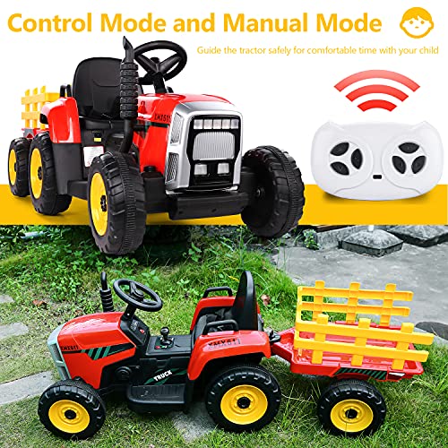 Tractor Eléctrico 12V 7Ah, 2+1 Cambio de Marchas, 25W Tractor Batería con Remolque, Bocina/ Reproductor MP3/ Bluetooth/ Puerto USB/ Faro de 7 LED, Control Remoto para Niño 3-6 años (Rojo)