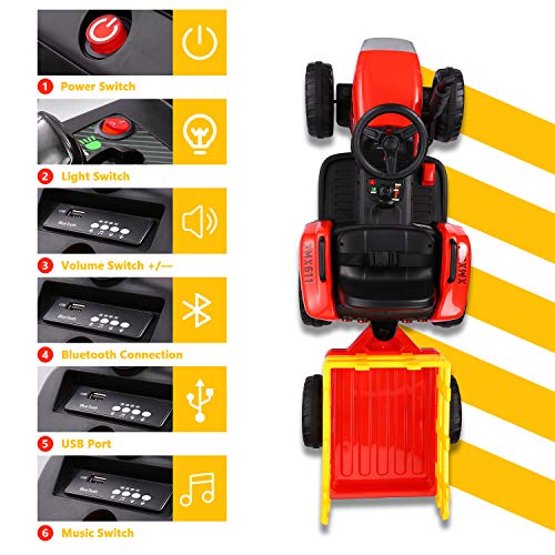 Tractor Eléctrico 12V 7Ah, 2+1 Cambio de Marchas, 25W Tractor Batería con Remolque, Bocina/ Reproductor MP3/ Bluetooth/ Puerto USB/ Faro de 7 LED, Control Remoto para Niño 3-6 años (Rojo)