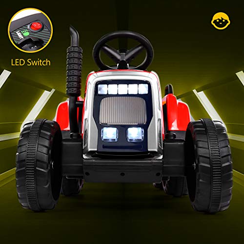 Tractor Eléctrico 12V 7Ah, 2+1 Cambio de Marchas, 25W Tractor Batería con Remolque, Bocina/ Reproductor MP3/ Bluetooth/ Puerto USB/ Faro de 7 LED, Control Remoto para Niño 3-6 años (Rojo)