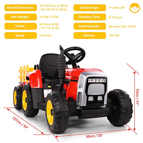 Tractor Eléctrico 12V 7Ah, 2+1 Cambio de Marchas, 25W Tractor Batería con Remolque, Bocina/ Reproductor MP3/ Bluetooth/ Puerto USB/ Faro de 7 LED, Control Remoto para Niño 3-6 años (Rojo)