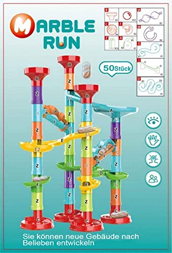 Trayectoria de bolas, 50 unidades multicolor con 30 canicas de cristal y elementos de ferrocarril, bloques de construcción, juguetes de construcción para niños, niñas y niños (A-50 unidades)